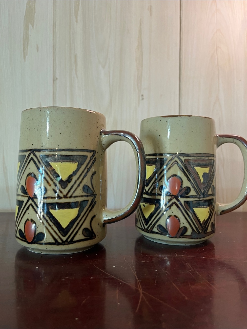 Speckled Beige Ceramic Mug with Yellow & Terra Cotta Geometric Accents